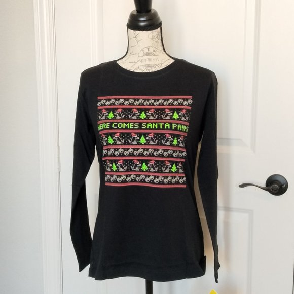 Here Comes Santa Paws Long Sleeve Ladies Crewneck Black Christmas Shirt NEW - Picture 5 of 7
